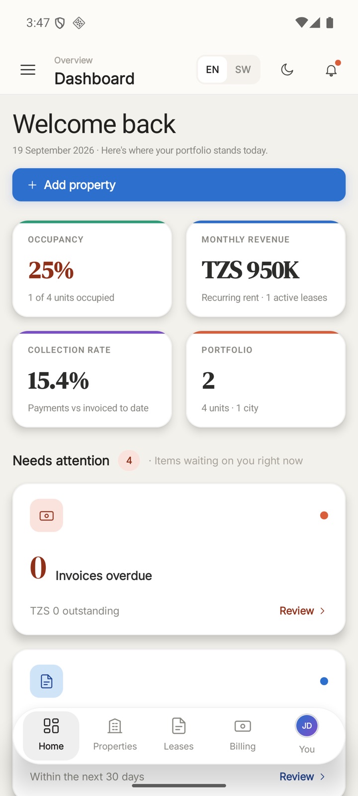 The LandlordPro dashboard: occupancy, monthly revenue, collection rate