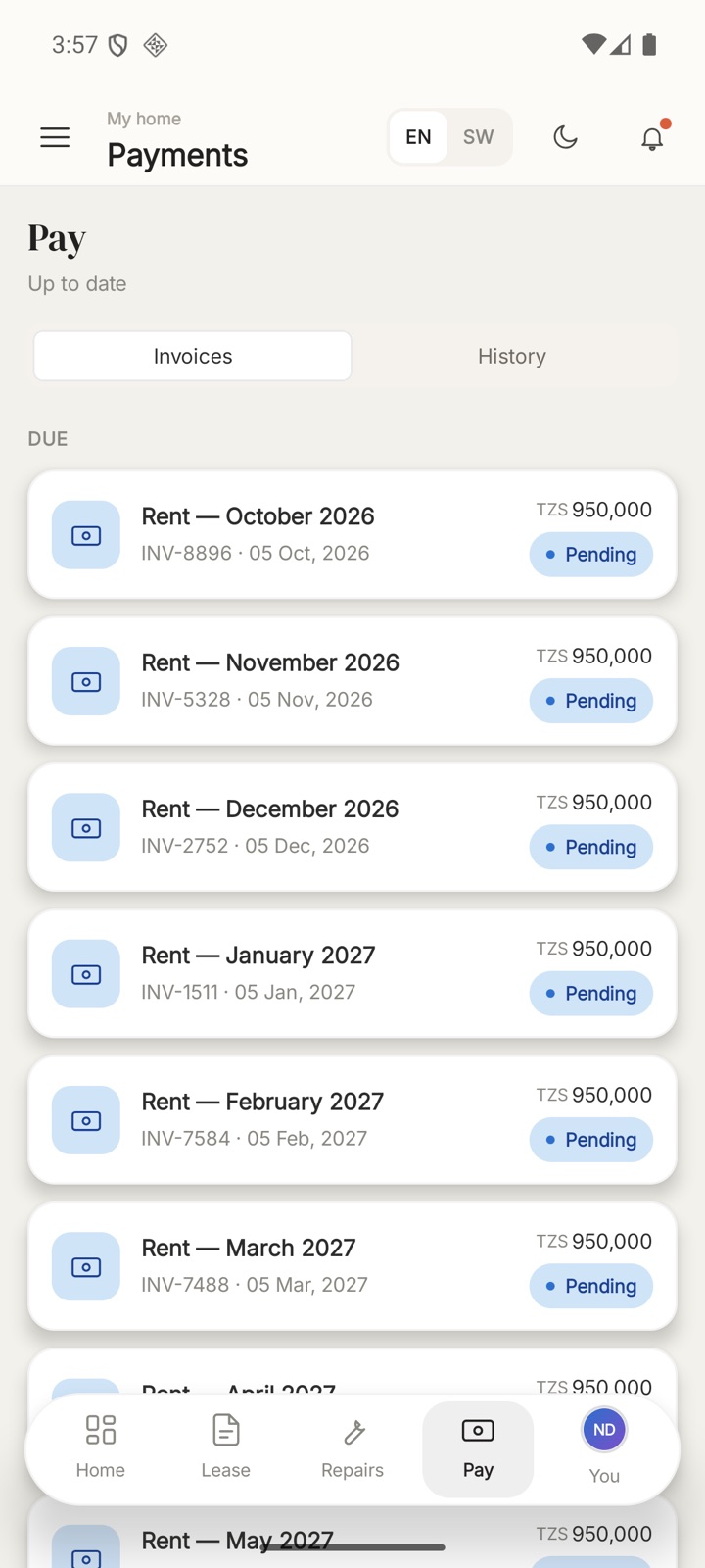 A tenant's invoices and payment screen