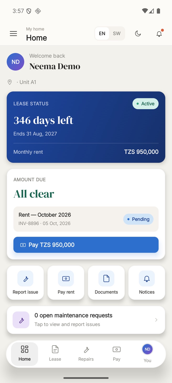 The tenant portal home screen
